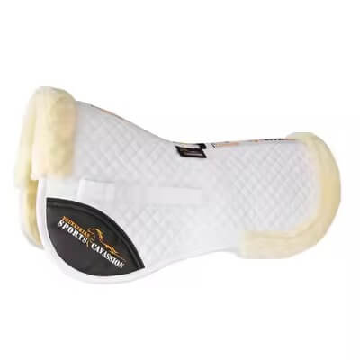 White equestrian saddle pad with quilted pattern on a white background
